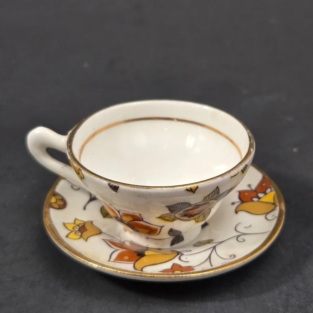 Vintage Rosina Bone China Miniature Single Teacup Saucer Set Floral Gold England
